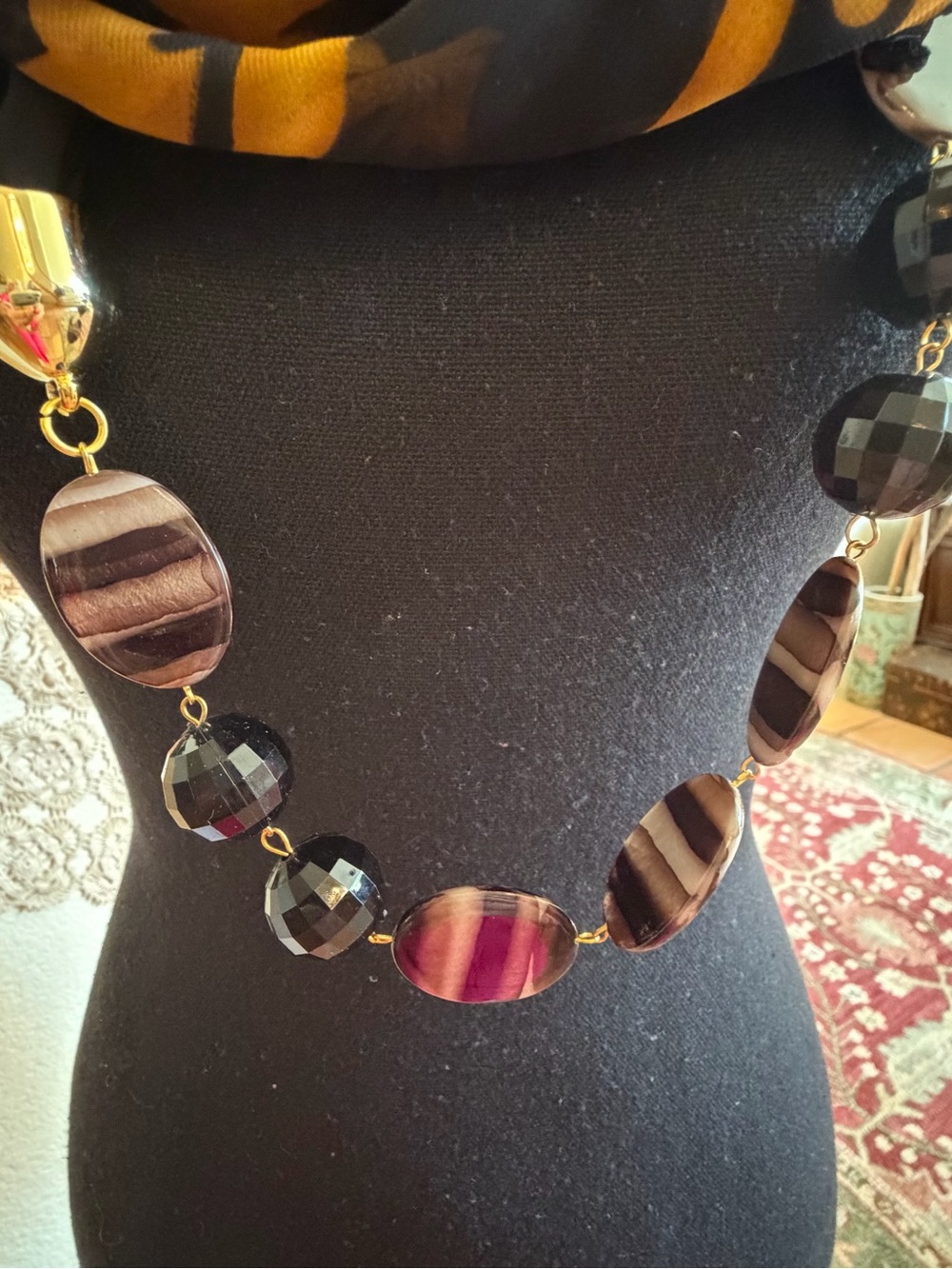Elegant Black & Mustard Infinity Scarf Necklace with Beaded Accent - Picture 2 of 8